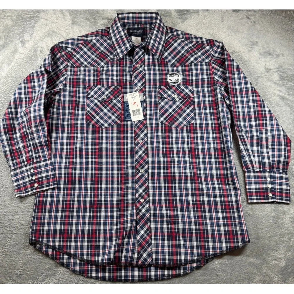 NWT Wrangler Western Shirt Mens 16.5 33 Plaid Wash‎ N Wear Pearl Snap